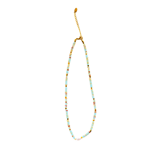 18K Gold-Plated Pearl & Sky Blue Beaded Necklace